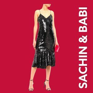 ABFAB!  SACHIN & BABI BLACK SEQUIN SHIMMER MIDI DRESS (SZ 4) (NWT)